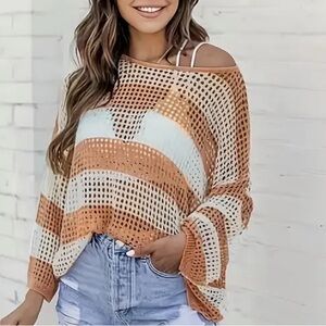 Women’s Cover-up, Hollow-Out Tan and Cream Knit Top sz S